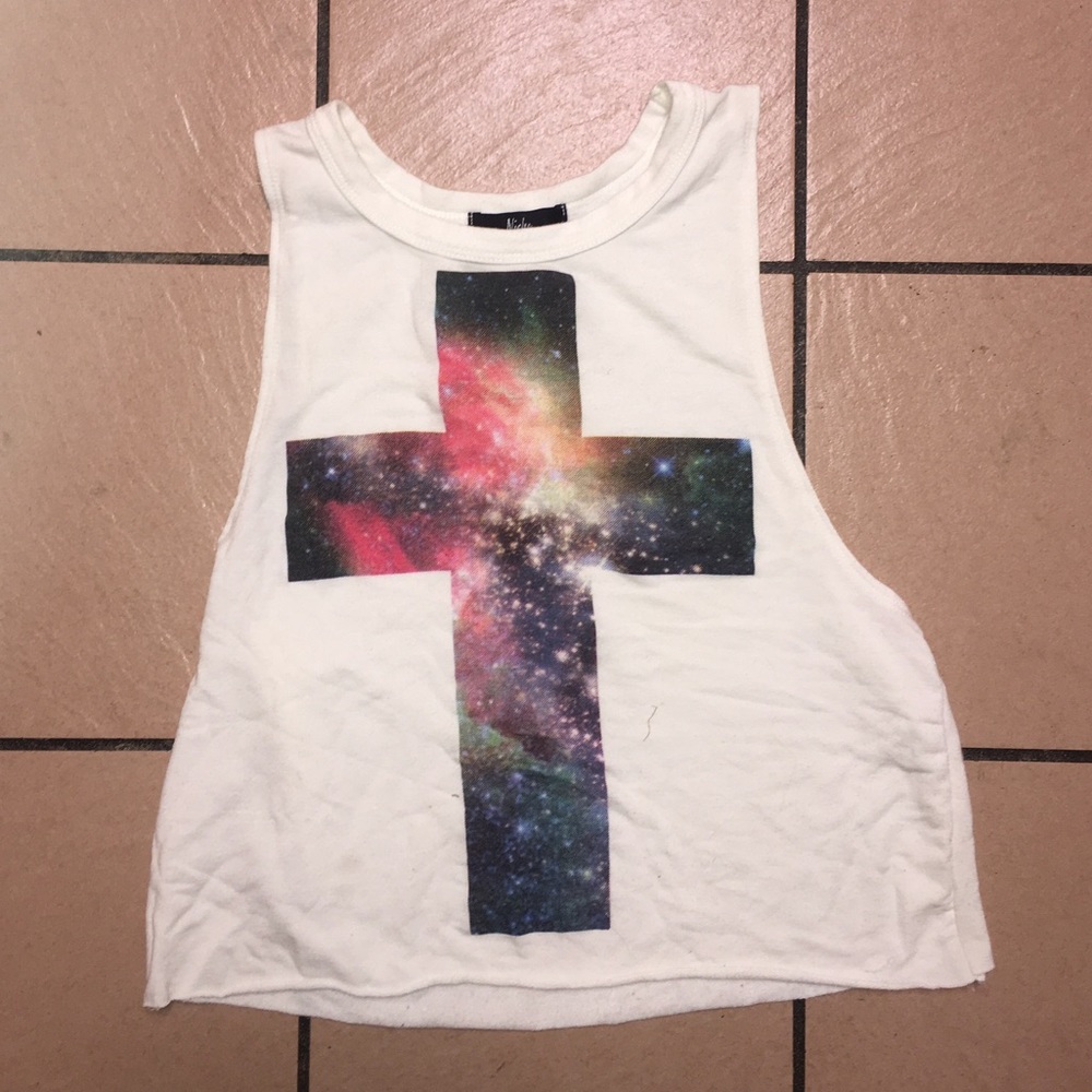 colorful galaxy cross crop top