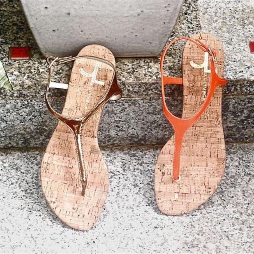 Bronze Leather Cork Slingback T Strap Slim Sandals - Picture 2 of 5
