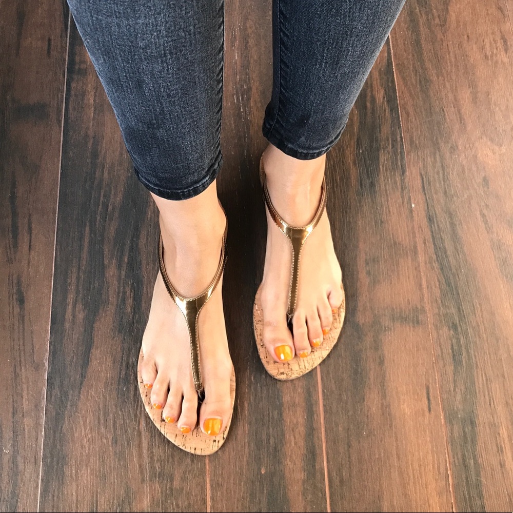 Bronze Leather Cork Slingback T Strap Slim Sandals - Picture 3 of 5