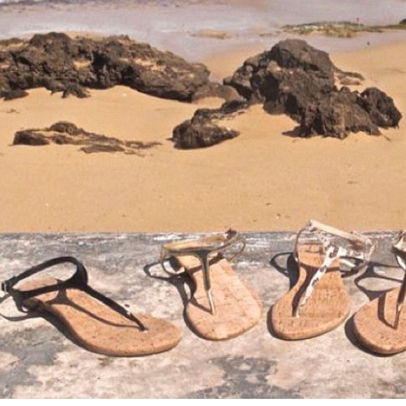 Bronze Leather Cork Slingback T Strap Slim Sandals - Picture 4 of 5