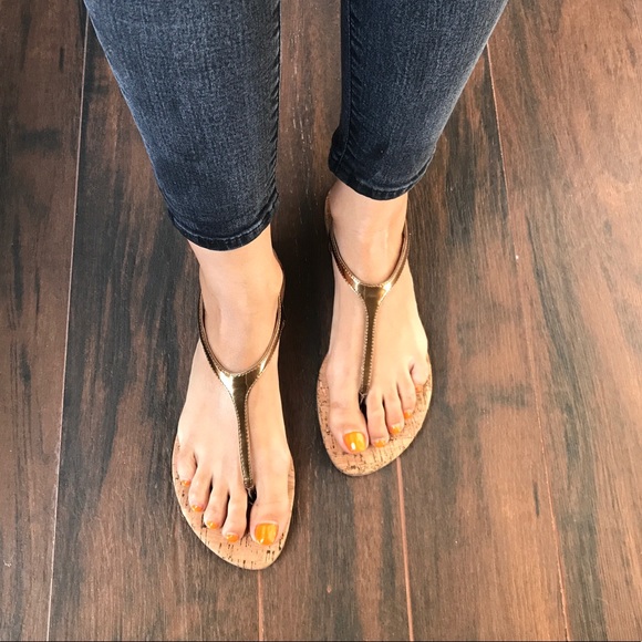 Bronze Leather Cork Slingback T Strap Slim Sandals - Picture 3 of 5