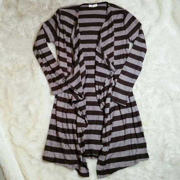 LAST 1 Long Open Cardigan Sweater StripeTan Small - Picture 2 of 7