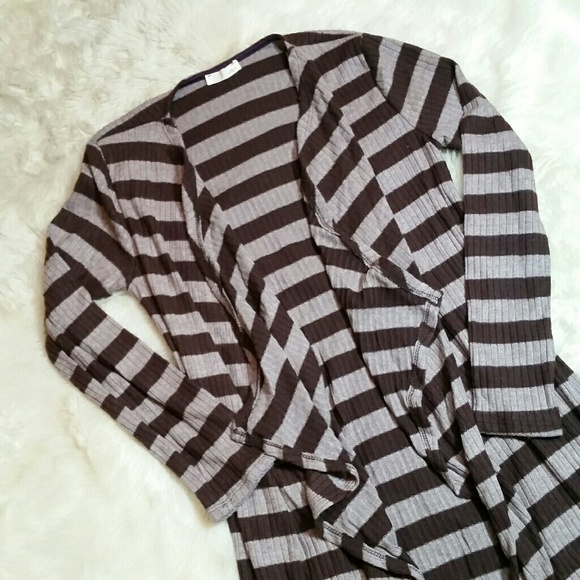 LAST 1 Long Open Cardigan Sweater StripeTan Small - Picture 3 of 7