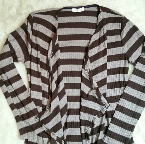 LAST 1 Long Open Cardigan Sweater StripeTan Small - Picture 5 of 7