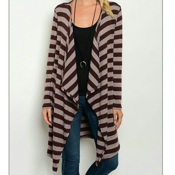 Sweaters - LAST 1 Long Open Cardigan Sweater StripeTan Small