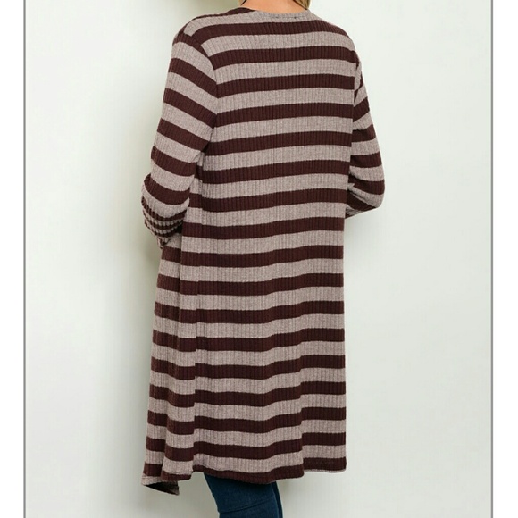 LAST 1 Long Open Cardigan Sweater StripeTan Small - Picture 6 of 7