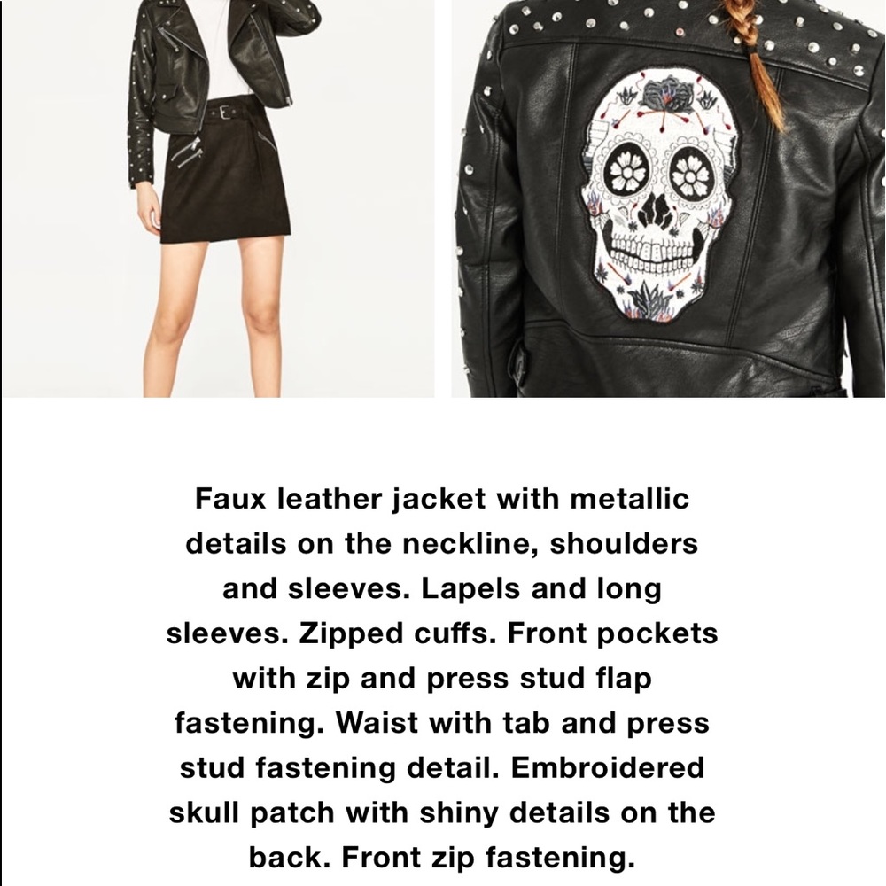 Zara studded skull embroid Moto biker Jacket 2017 - Picture 6 of 7