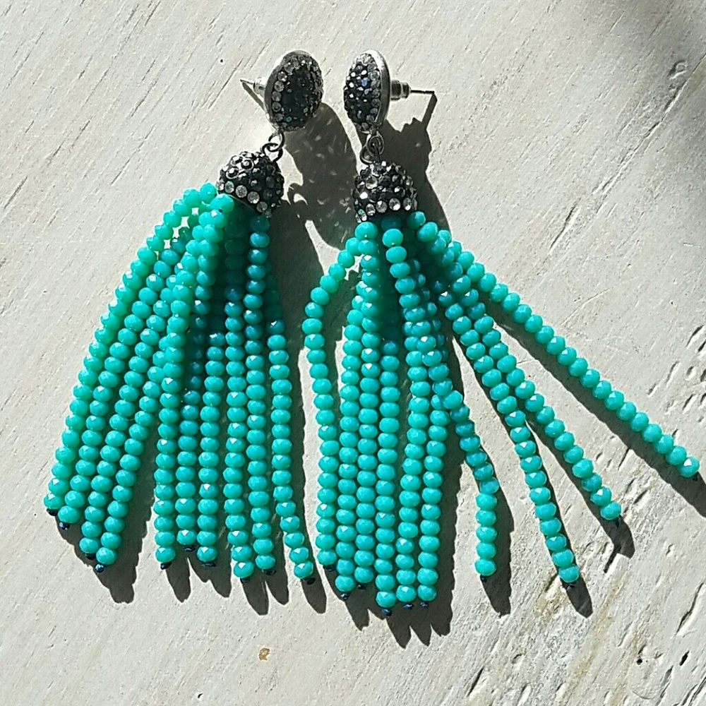 Druzzy Turquoise Crystal Tassel Earrings $139 NWT