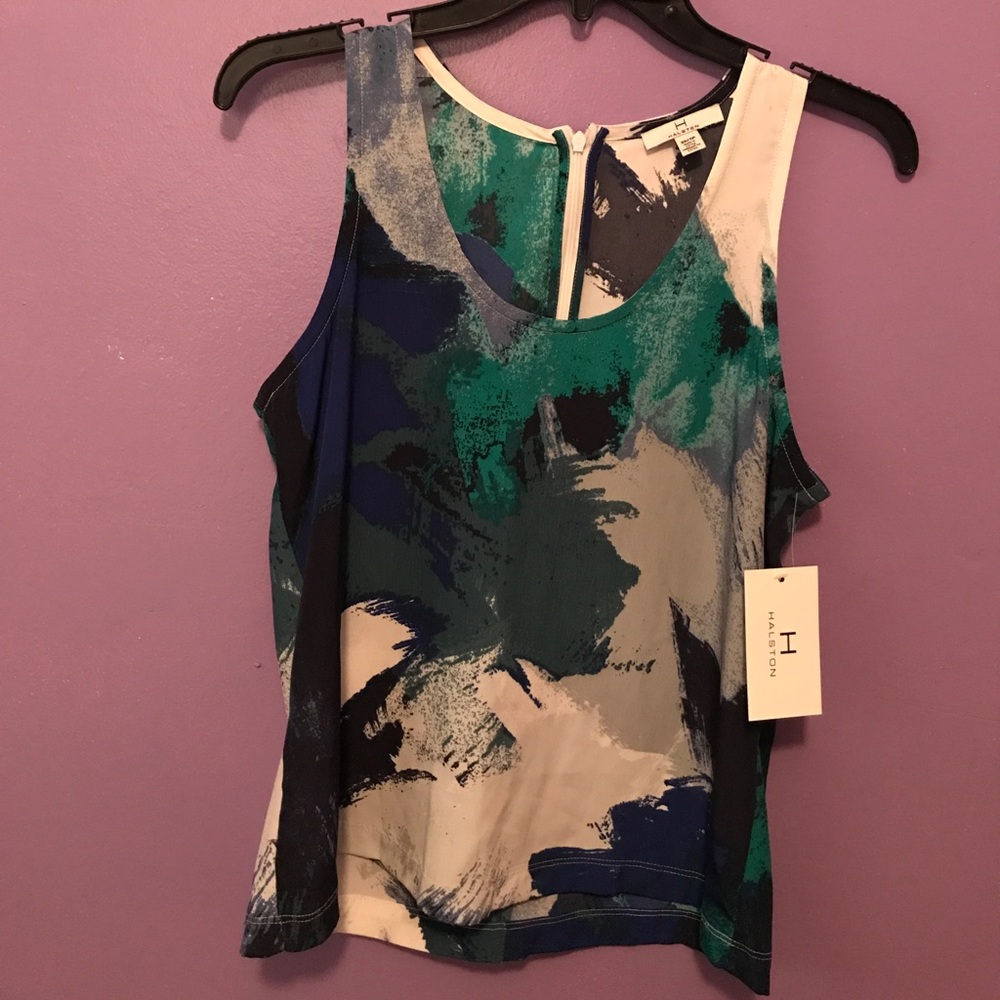 Halston mixed Teal print tank top with zip closure