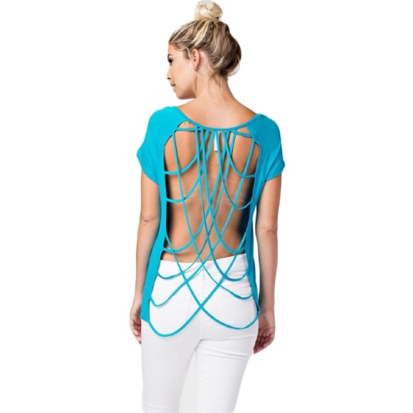 White Blue Strappy Open Back Lux T Shirt Women's - Picture 2 of 5