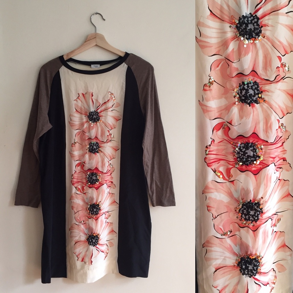 {Intropia} Long Sleeve Floral Dress with Sequins