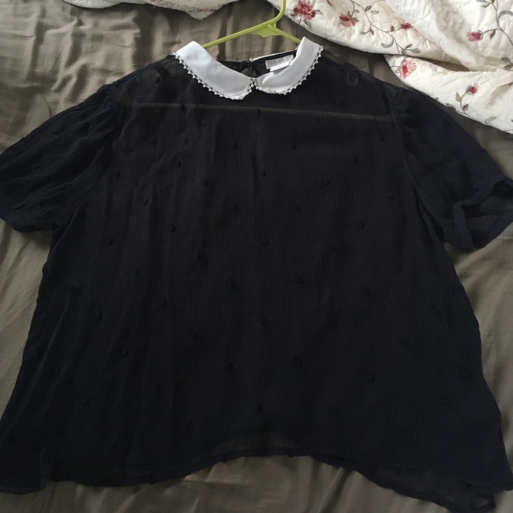 Cute collared sheer navy polka dot blouse