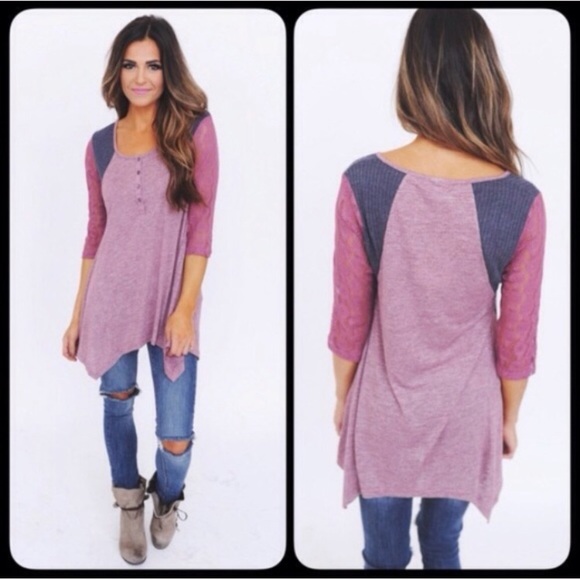 🎀LAST🎀 Beige Lace Sleeve Sharkbite Tunic Top - Picture 3 of 5