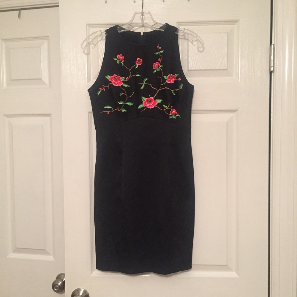 Caché Vintage black satin embroidery sheath dress