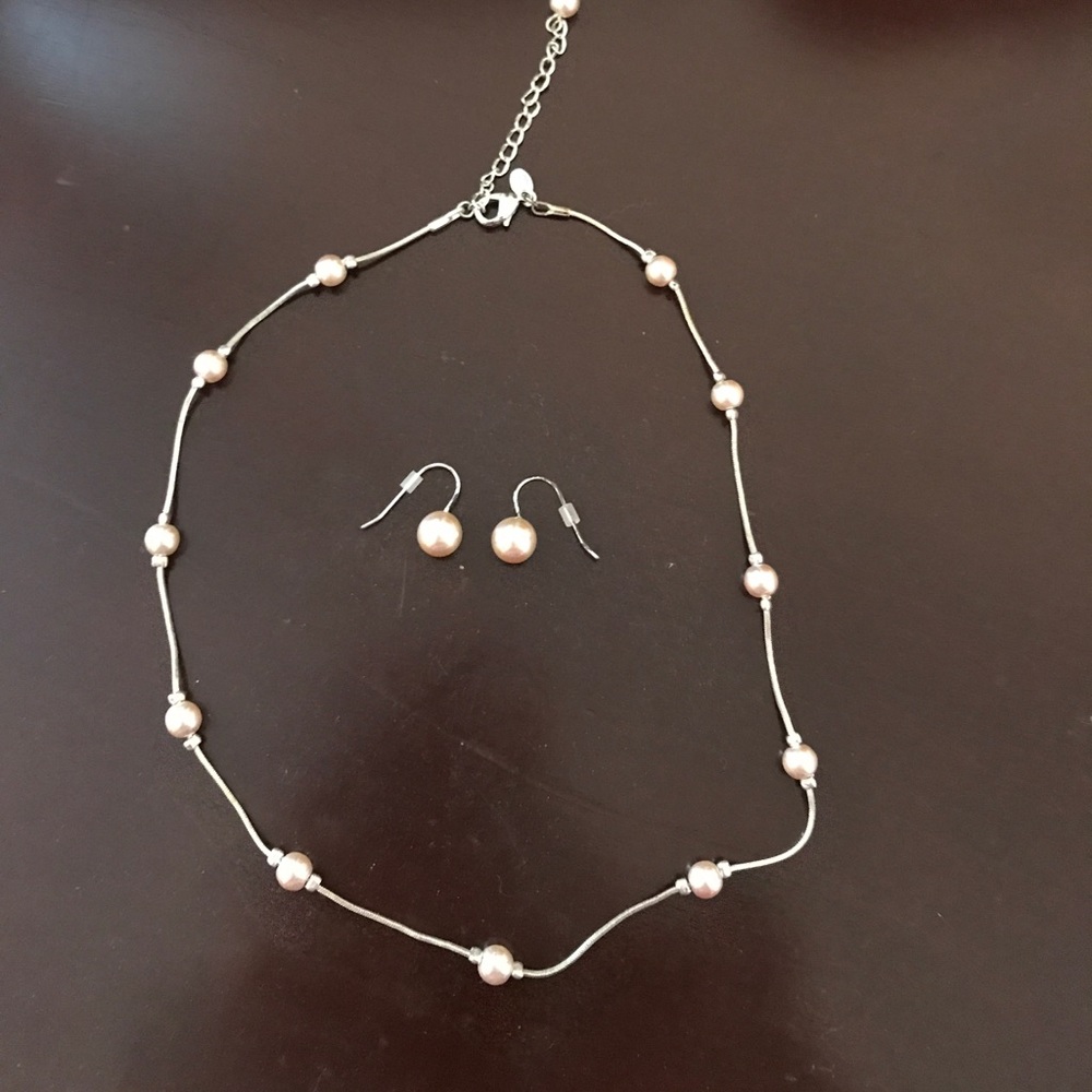 Pink and silver necklace and earring set