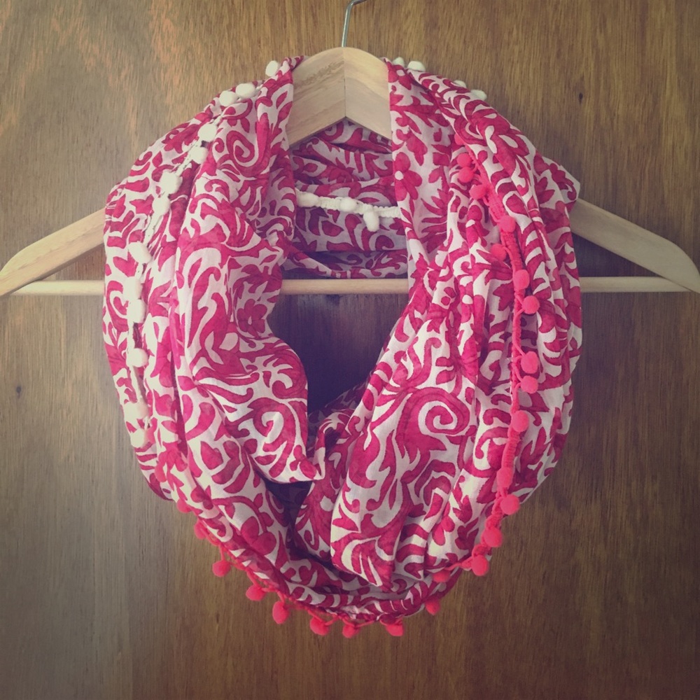 LOFT boho paisley infinity scarf with pom-poms