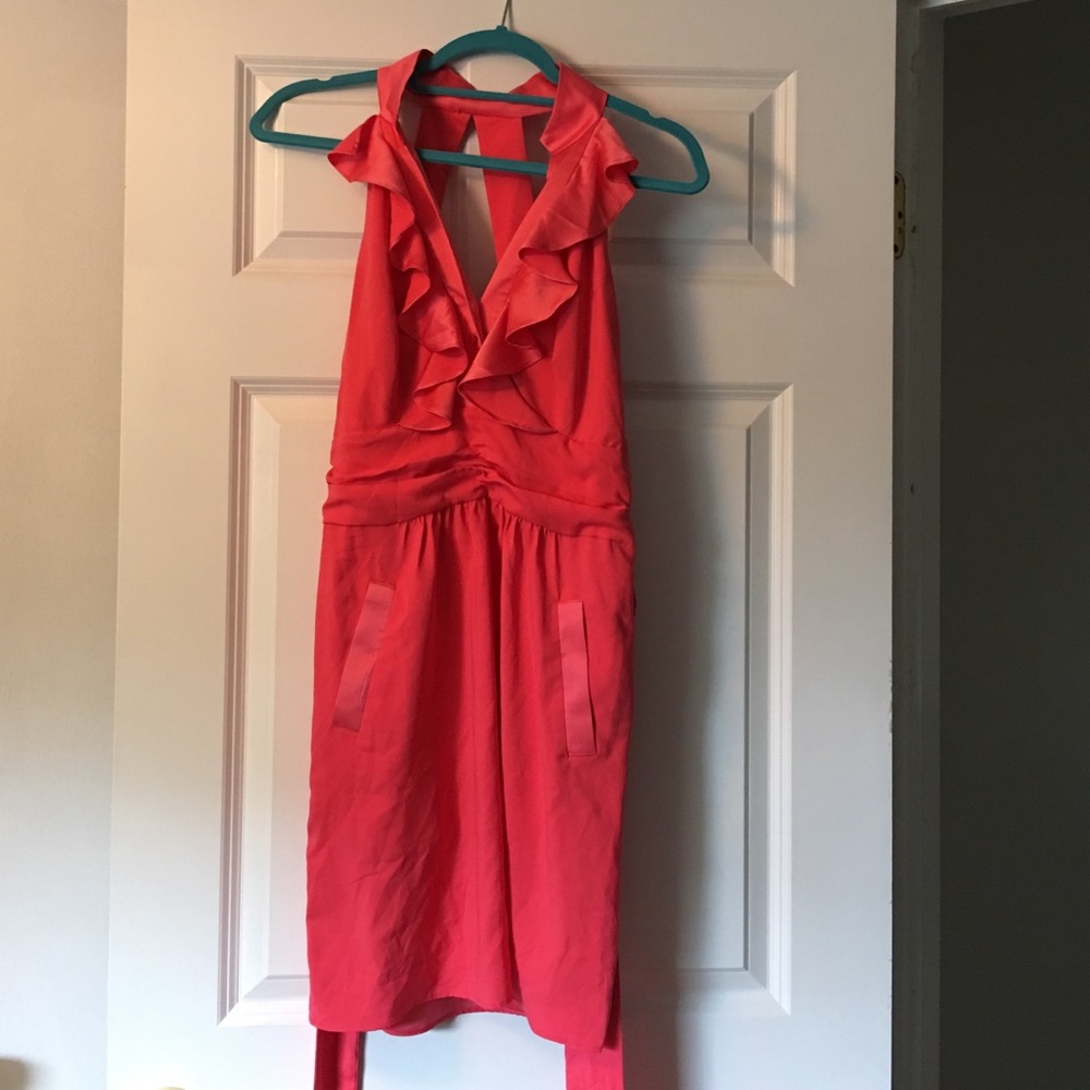 BCBG coral short dress. Strappy back & pockets.