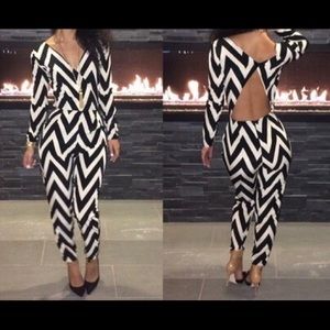 Black and white chevron print sexy ladies jumpsuit