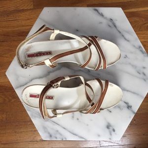 Used Prada white & tan leader cork wedge sandals