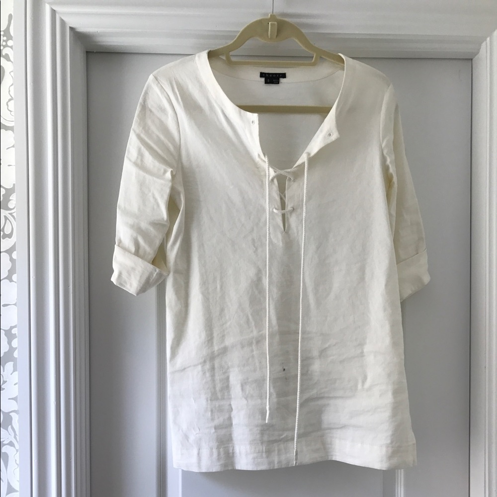 Theory white linen lace up tunic blouse