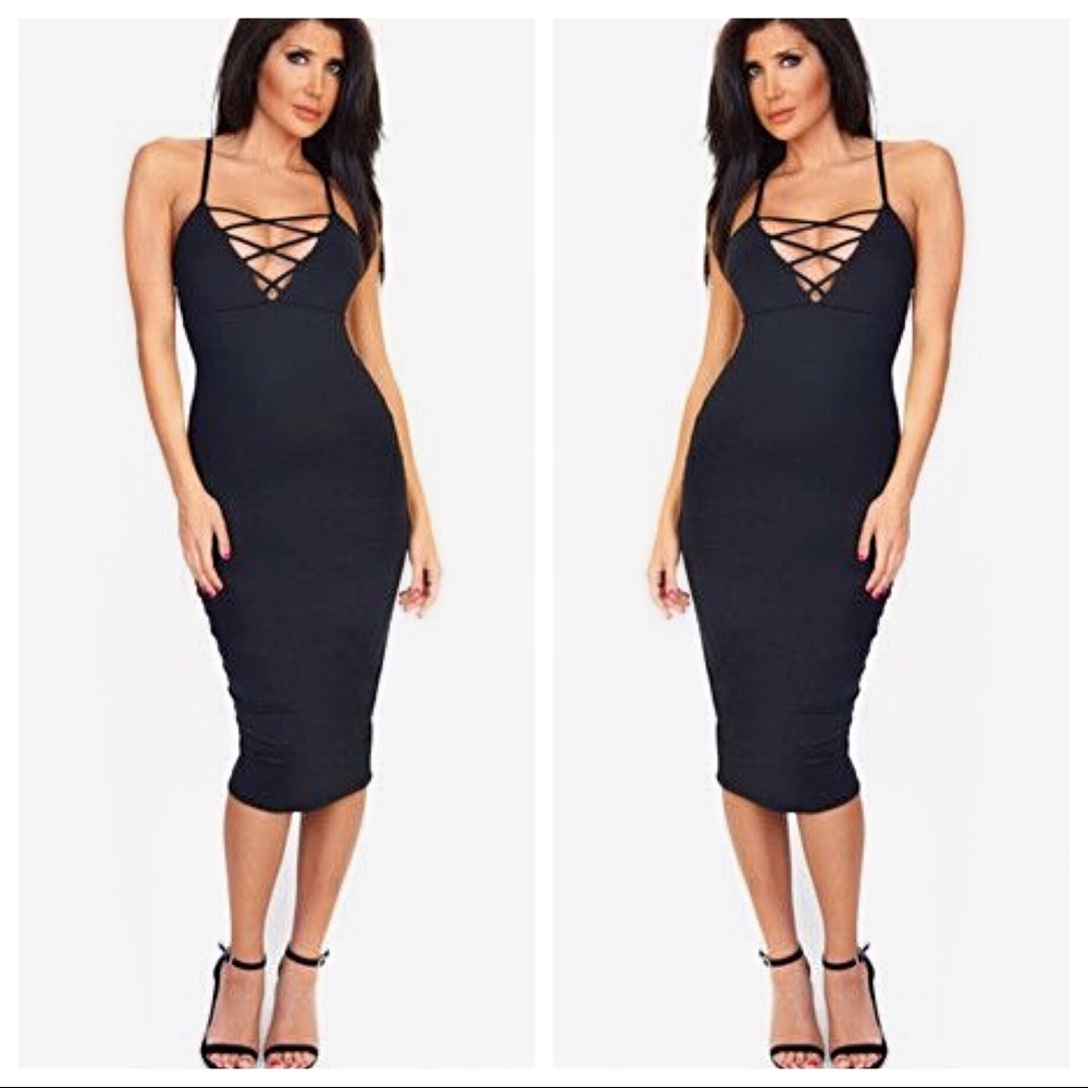 Strappy front body con stretch midi cocktail dress - Picture 7 of 8