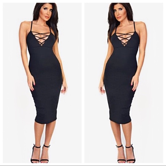 Strappy front body con stretch midi cocktail dress - Picture 7 of 8