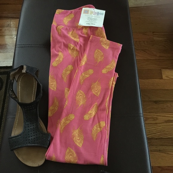 LuLaRoe OS Leggings pink/Yellow Feather pattern - Picture 3 of 5
