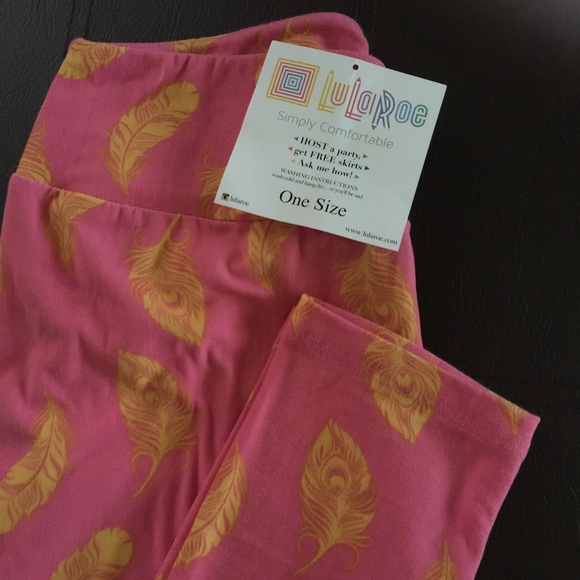 LuLaRoe OS Leggings pink/Yellow Feather pattern - Picture 2 of 5