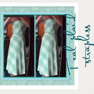LOFT strapless green plaid  vintage dress