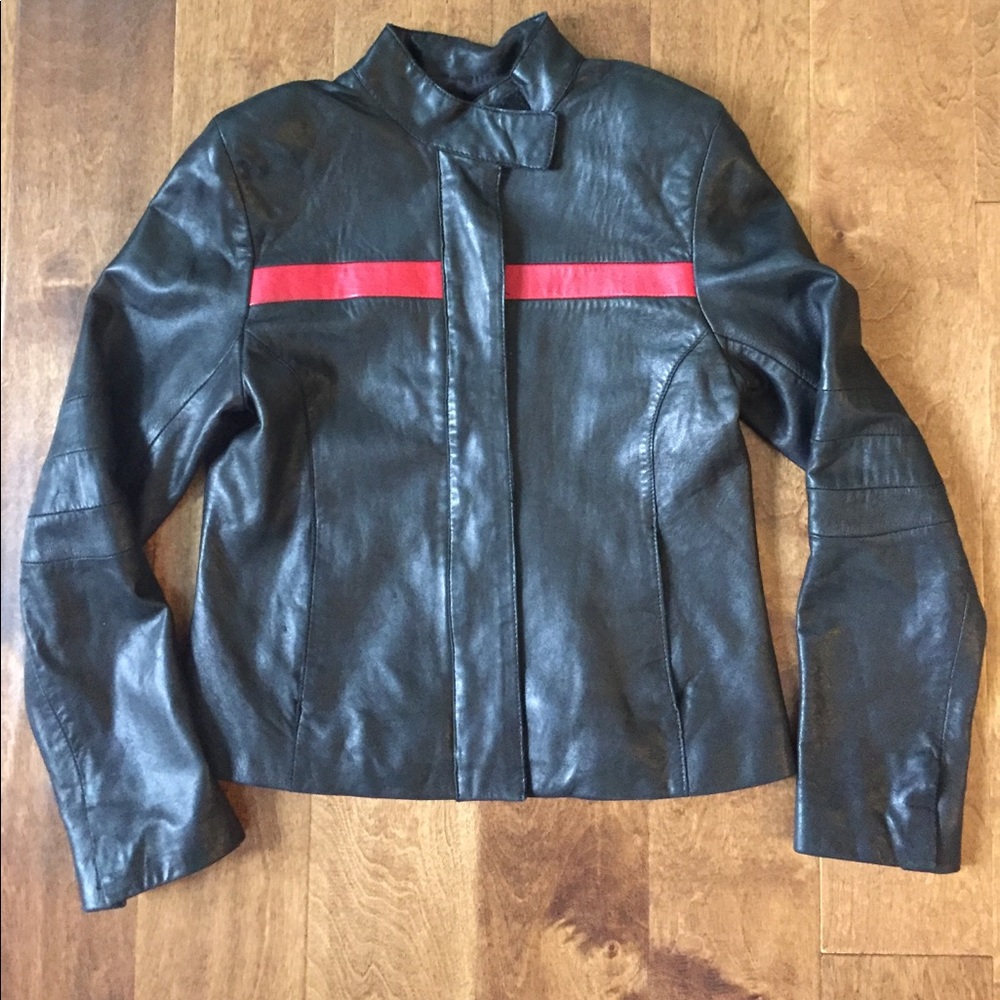 Vintage leather jacket, black with red stripe