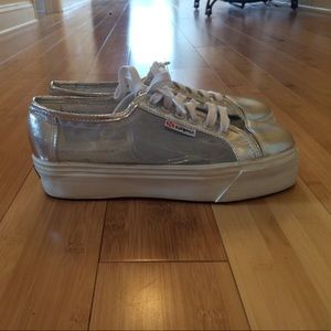 Superga metallic mesh netu platforms.