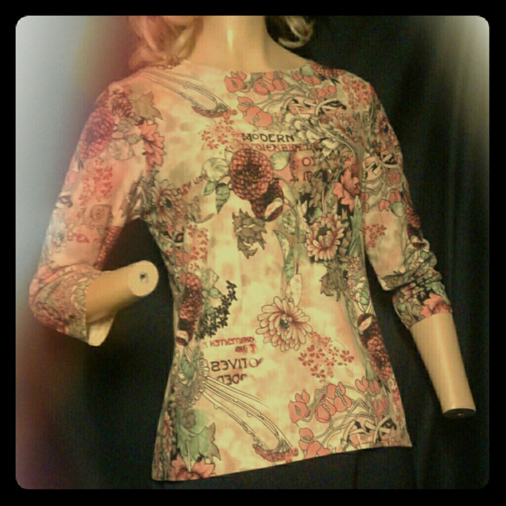 Pink and Green Floral Art Nouveau Print Top