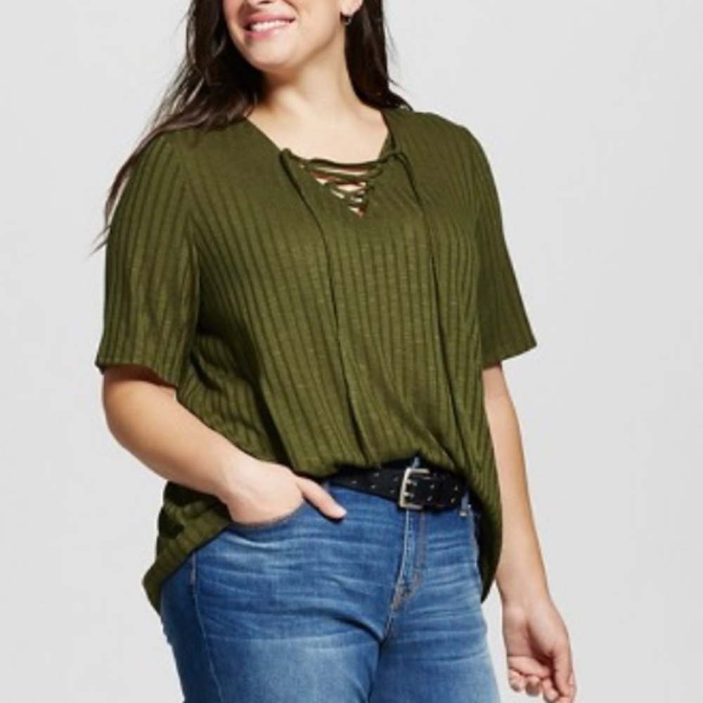 Olive green ava & viv plus size Lace Up top