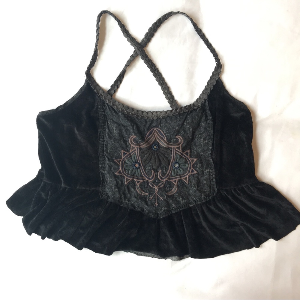 Free People Black Velvet Embroidered Cut Off Tank