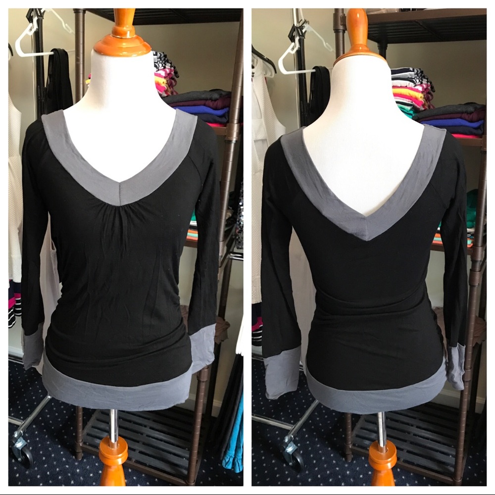 Arden B Double V Neck Color Block Black Gray Top