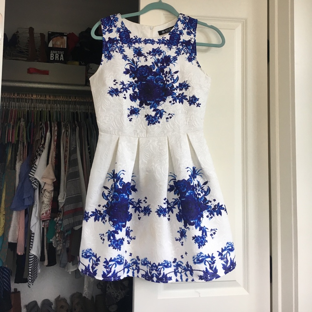 Formal White and Blue Floral Dress
