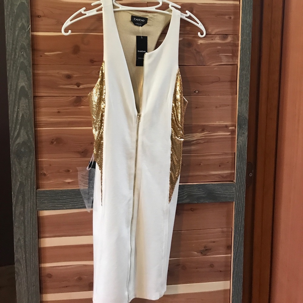 White and gold Bebe zipper dress