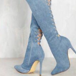 Over The Knee Denim Heel Boots