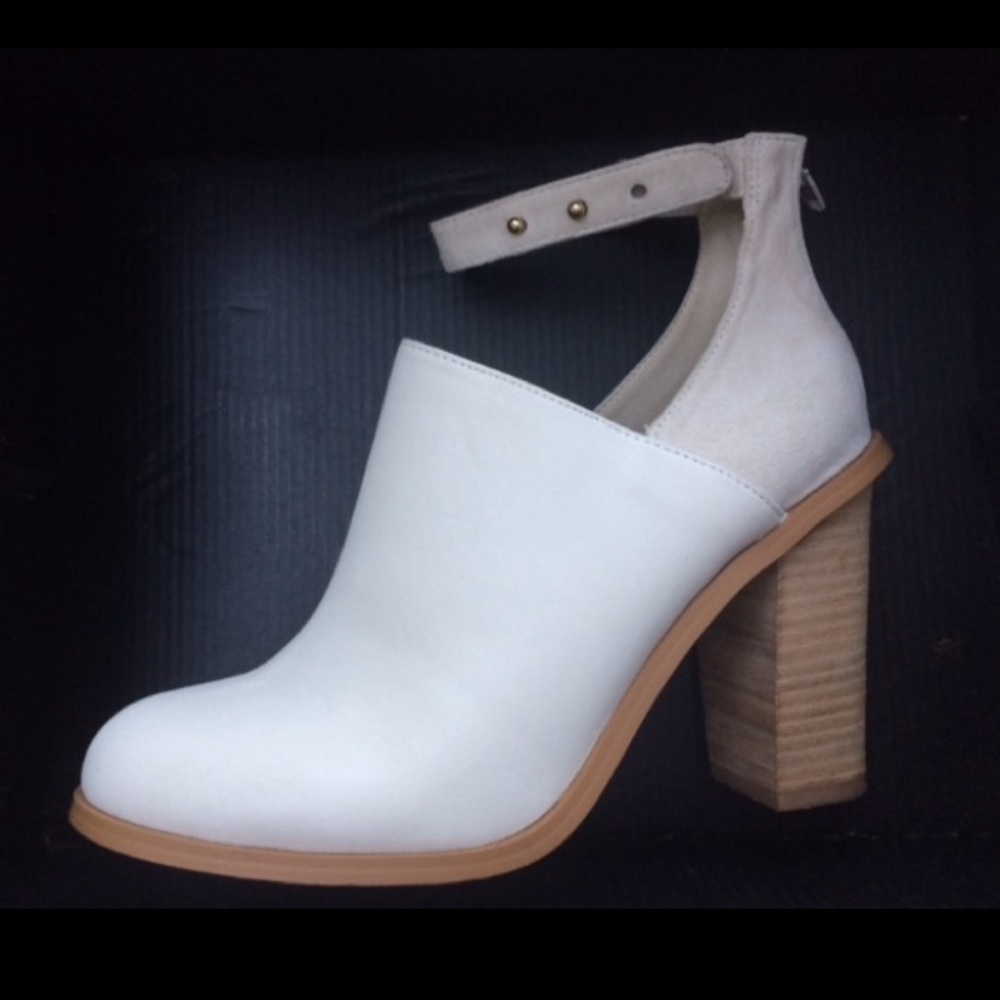 Chunky white ankle strap heels