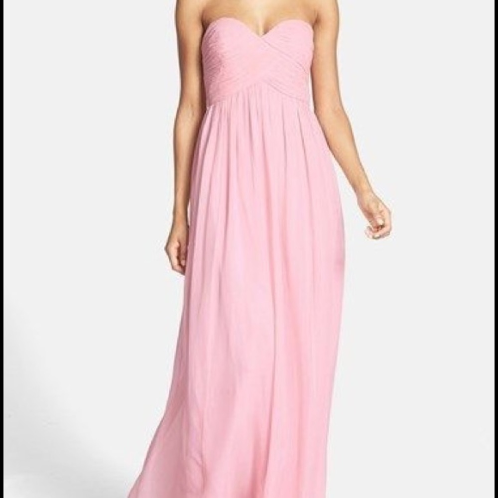 Donna Morgan blush pink strapless chiffon gown