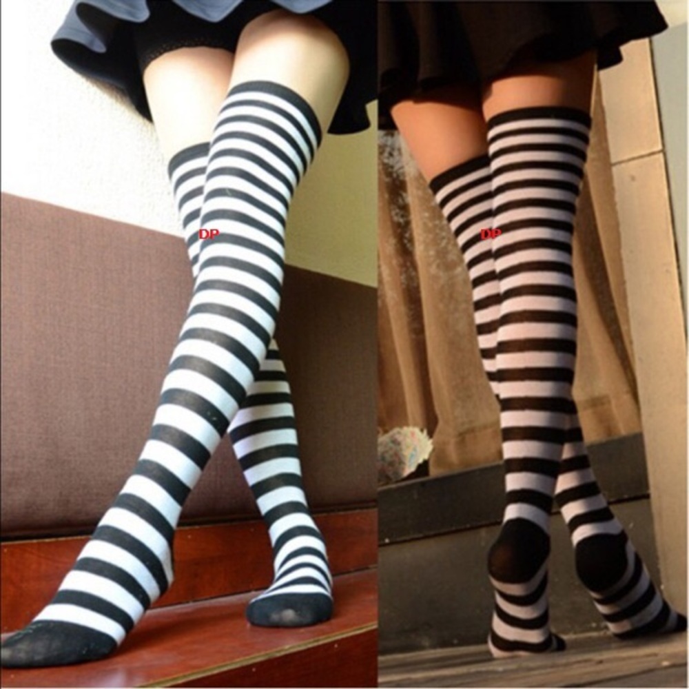 Stripe Over The Knee Thigh High Socks Long Fall Black White Yellow Halloween OTK