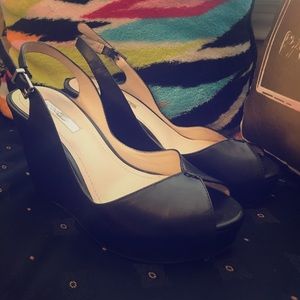 BCBG Black Leather Wedges