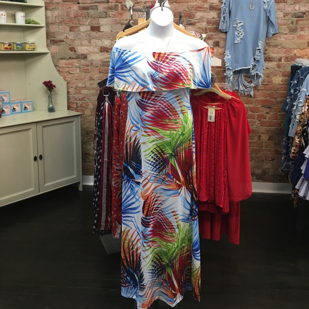 Multi- Color Palm Leaf Off Shoulder Maxi Dress
