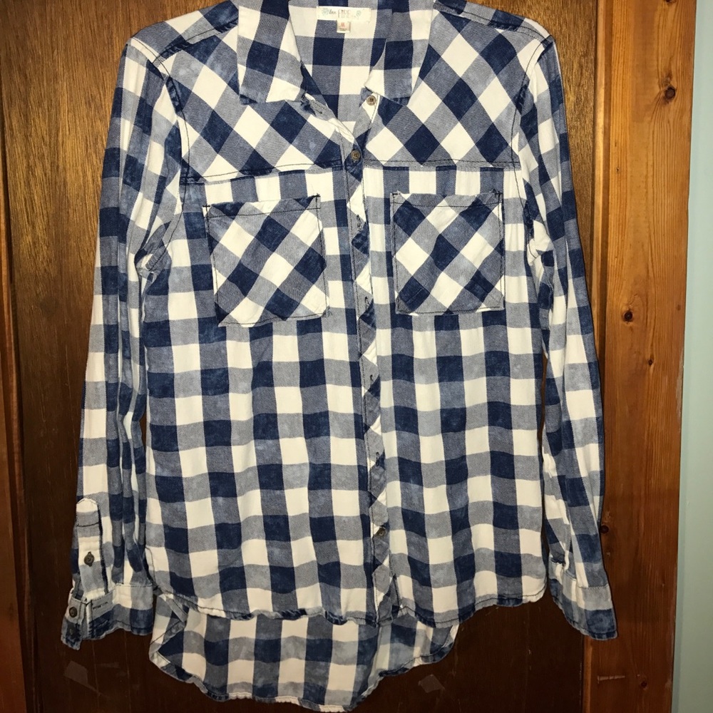 Button Down Navy Blue Checkered Top