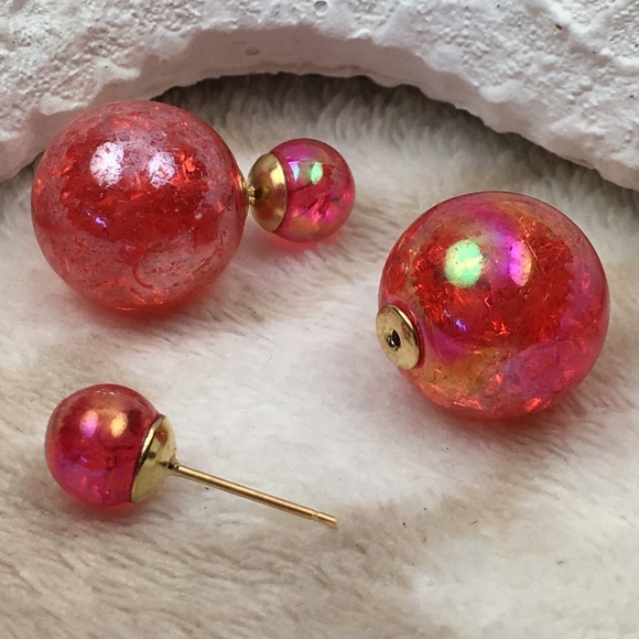 Red Iridescent Double Stud Earrings - Picture 2 of 7