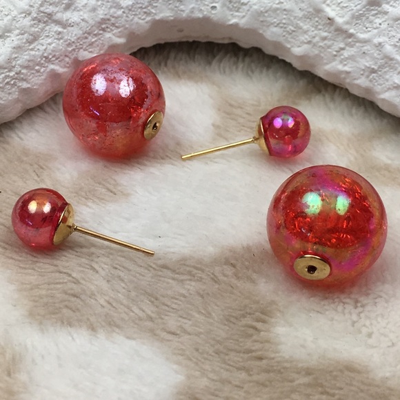 Red Iridescent Double Stud Earrings - Picture 4 of 7