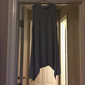 Small navy and white striped top, high neck