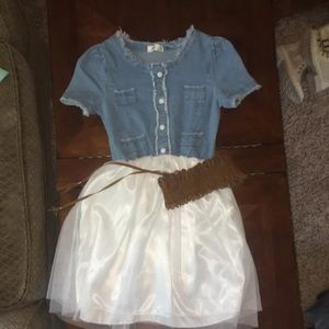 Denim Dress With Tulle Bottom And Belt