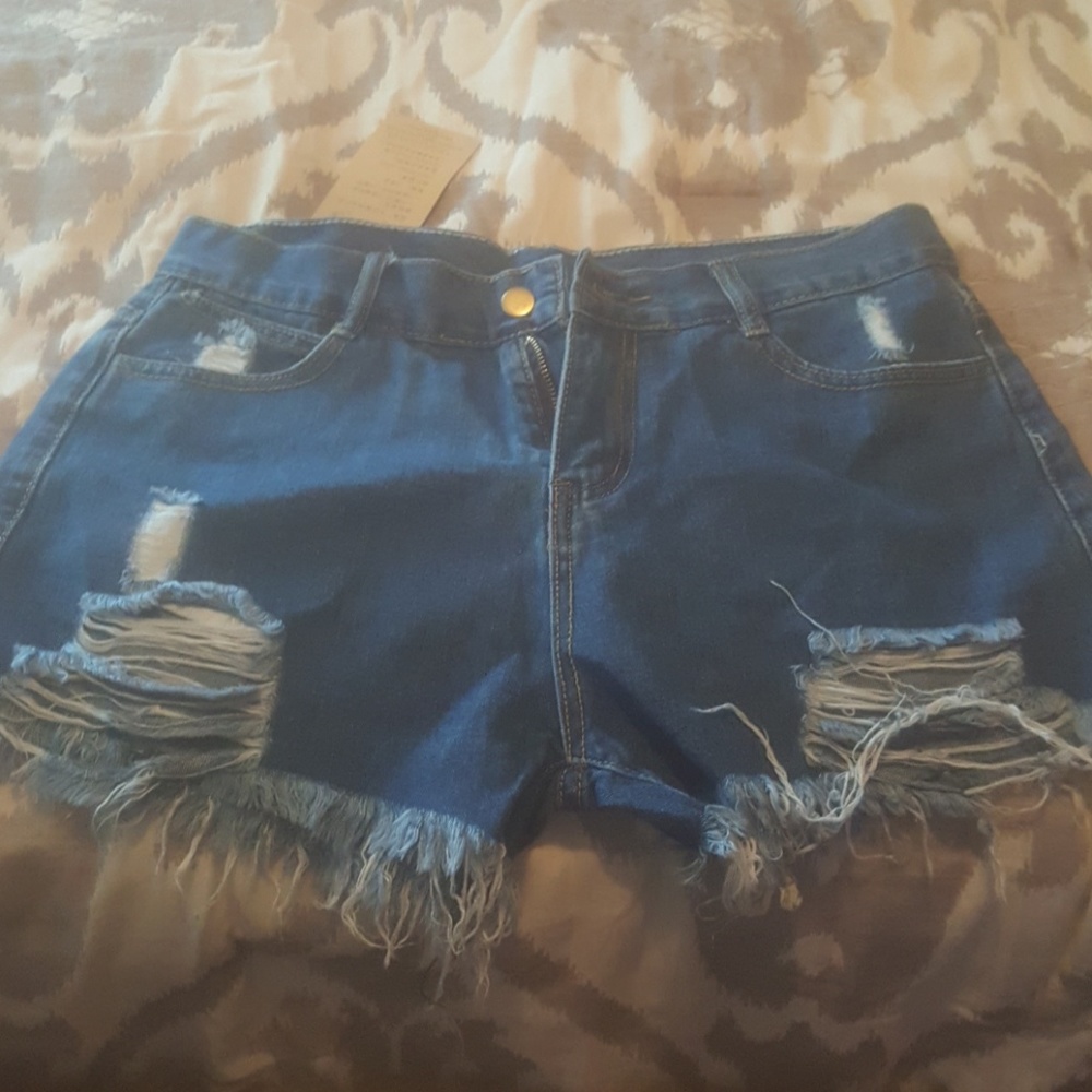 NEW WITH TAGS DARK BLUE RIPPED DENIM SHORTS