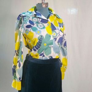 Vintage 1970s handmade flower polyester blouse